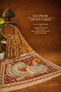 Villows Kalamkari Handcrafted Saree | with Blouse Piece| Yellow | KS600011 - Yellow, 5.5 mts + Running Blouse Piece