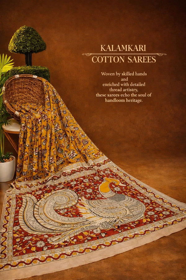 Villows Kalamkari Handcrafted Saree | with Blouse Piece| Yellow | KS600011 - Yellow, 5.5 mts + Running Blouse Piece