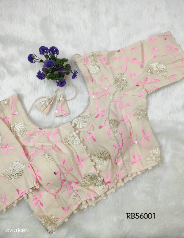 Ruthvi Ethnics Khadi Embroidery Blouse RB56001 - FS, Half White With Pink Florel