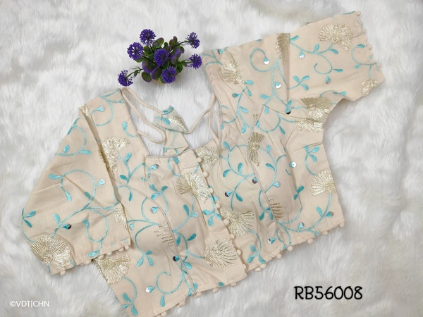 Ruthvi Ethnics Khadi Embroidery Blouse RB56008 - FS, Half White With skyblue