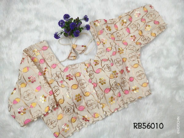 Ruthvi Ethnics Khadi Embroidery Blouse RB56010 - FS, Half White With Pink Florel