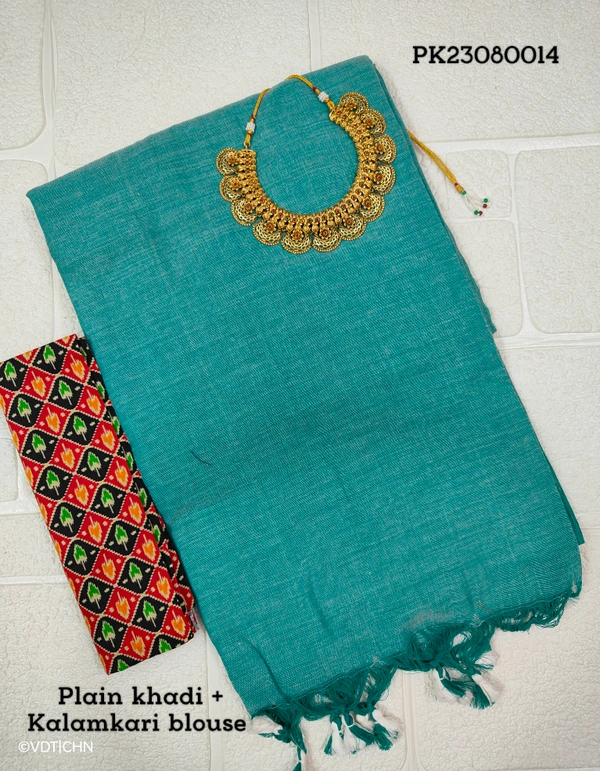 Ruthvi Ethincs Khadi Saree With Kalamkari Blouse PK23080014 - Saree With Blouse, Sky Blue