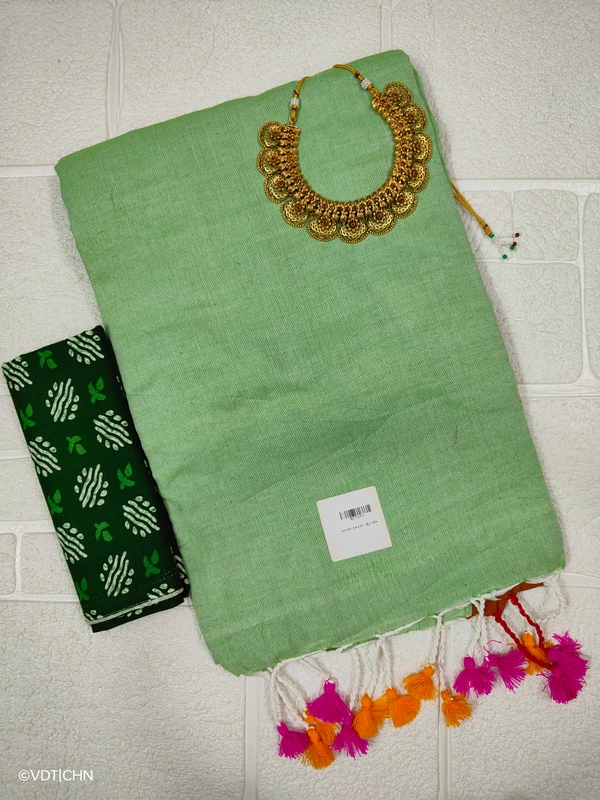 Ruthvi Ethincs Khadi Saree With Kalamkari Blouse PK23080034 - Saree With Blouse, Light Green
