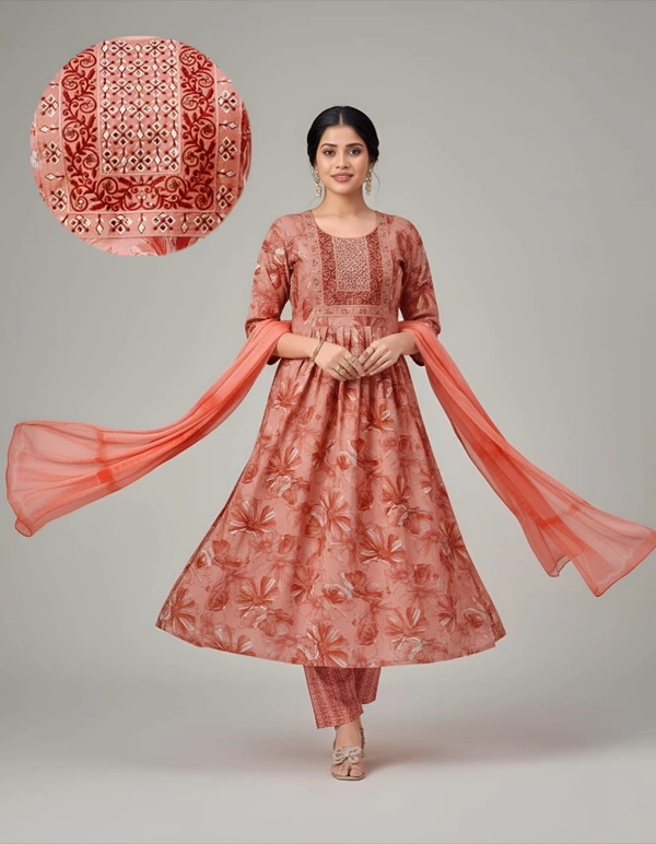 Ruthvi Ethnics Kurti Set With Designer Neck Pattern|Anarkali Kurti with Pant and Shawl|Peach | SV50002 - 3XL, Peach