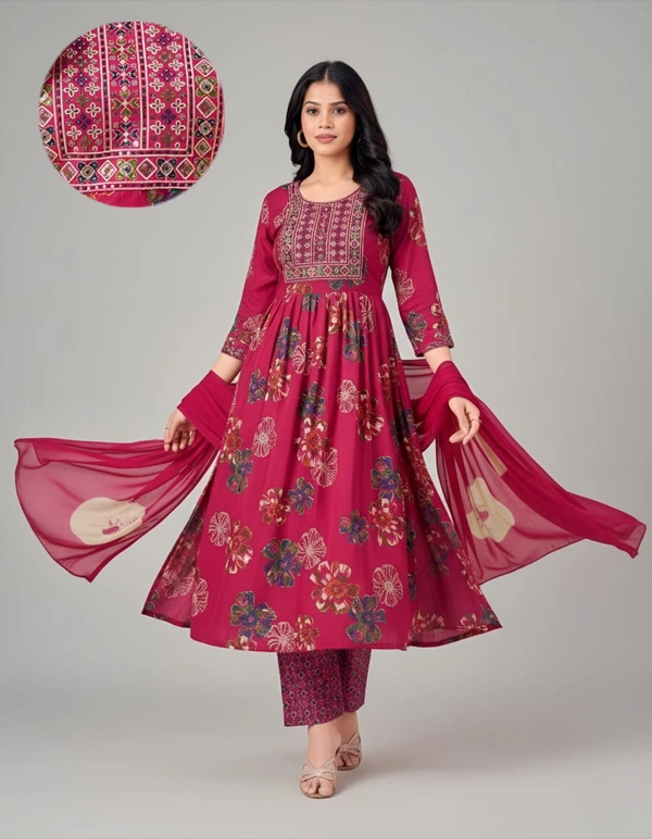Ruthvi Ethnics Kurti Set With Designer Neck Pattern|Anarkali Kurti with Pant and Shawl|Rani Pink | SV50001 - 3XL, Rani Pink