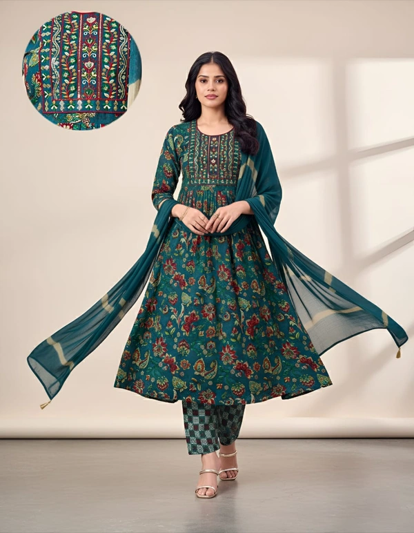 Ruthvi Ethnics Kurti Set With Designer Neck Pattern|Anarkali Kurti with Pant and Shawl|Green | SV50005 - M, Green