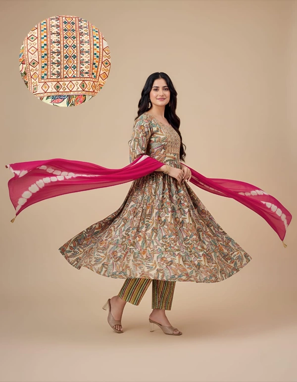 Ruthvi Ethnics Kurti Set With Designer Neck Pattern|Anarkali Kurti with Pant and Shawl|Light Brown | SV50003 - 2XL, Light Brown