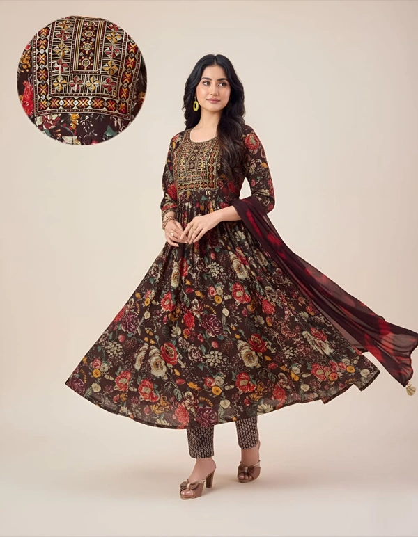 Ruthvi Ethnics Kurti Set With Designer Neck Pattern|Anarkali Kurti with Pant and Shawl|Maroon | SV50004 - 2XL, Maroon