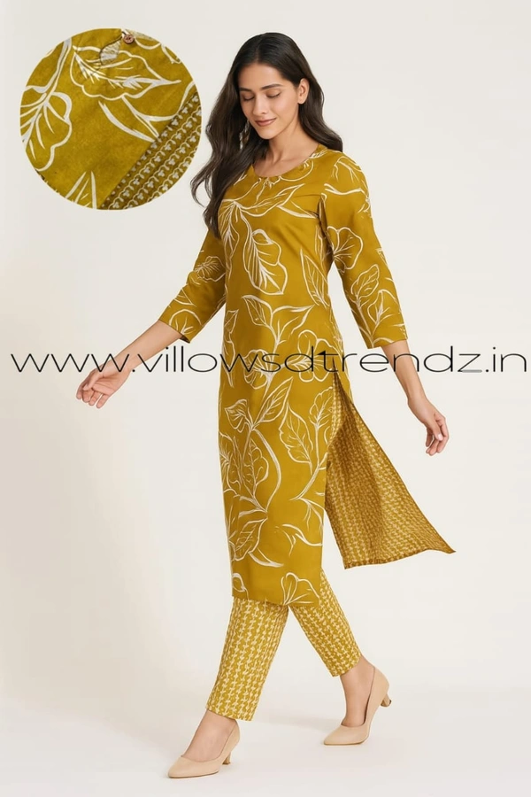 Twill Blue Kurti Set With Designer Neck Pattern|Kurti with Pant |Mustered Yellow |KS355058 - 2XL, Mustered Yellow