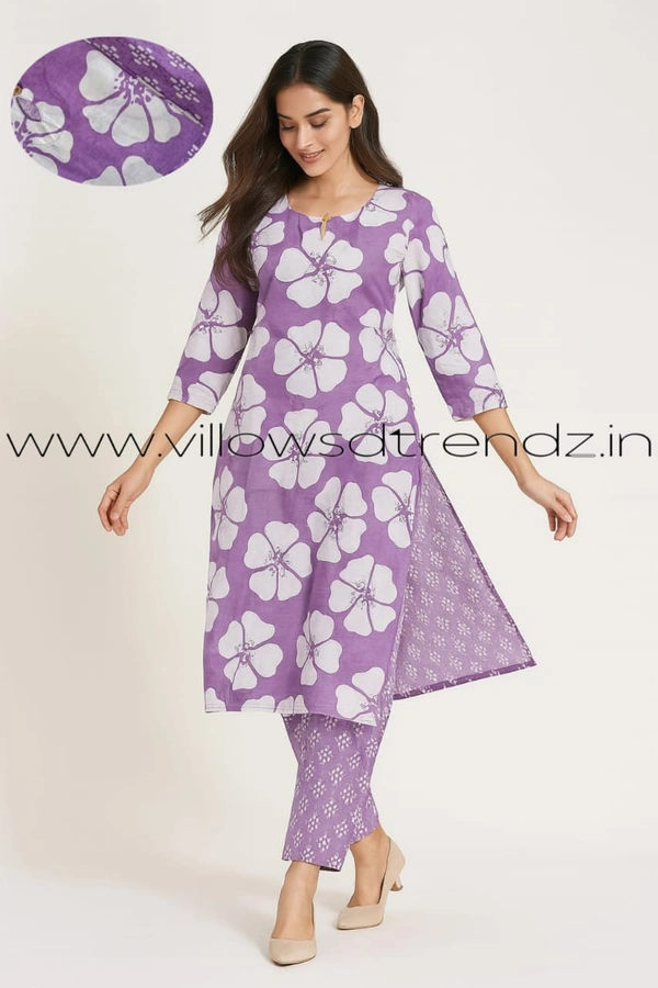 Twill Blue Kurti Set With Designer Neck Pattern|Kurti with Pant |Lavender |KS355055 - 2XL, Lavender