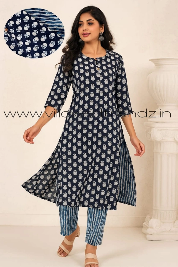 Twill Blue Kurti Set With Designer Neck Pattern|Kurti with Pant |Black |KS355056 - 2XL, Black