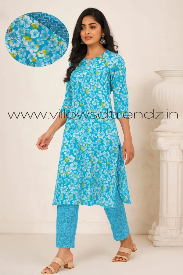 Twill Blue Kurti Set With Designer Neck Pattern|Kurti with Pant |Sky Blue |KS355059 - 2XL, Sky bLue