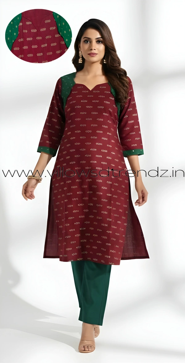 Ruthvi Ethnics Kurti Set With Designer Neck Pattern|Raw Silk Kurti with Pant and khadi Cotton Silk Shawl|Maroon | RS58003 - M, Maroon