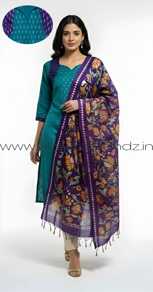 Ruthvi Ethnics Kurti Set With Designer Neck Pattern|Raw Silk Kurti with Pant and khadi Cotton Silk Shawl|Peacock Blue| RS58001 - XL, Peacock Blue