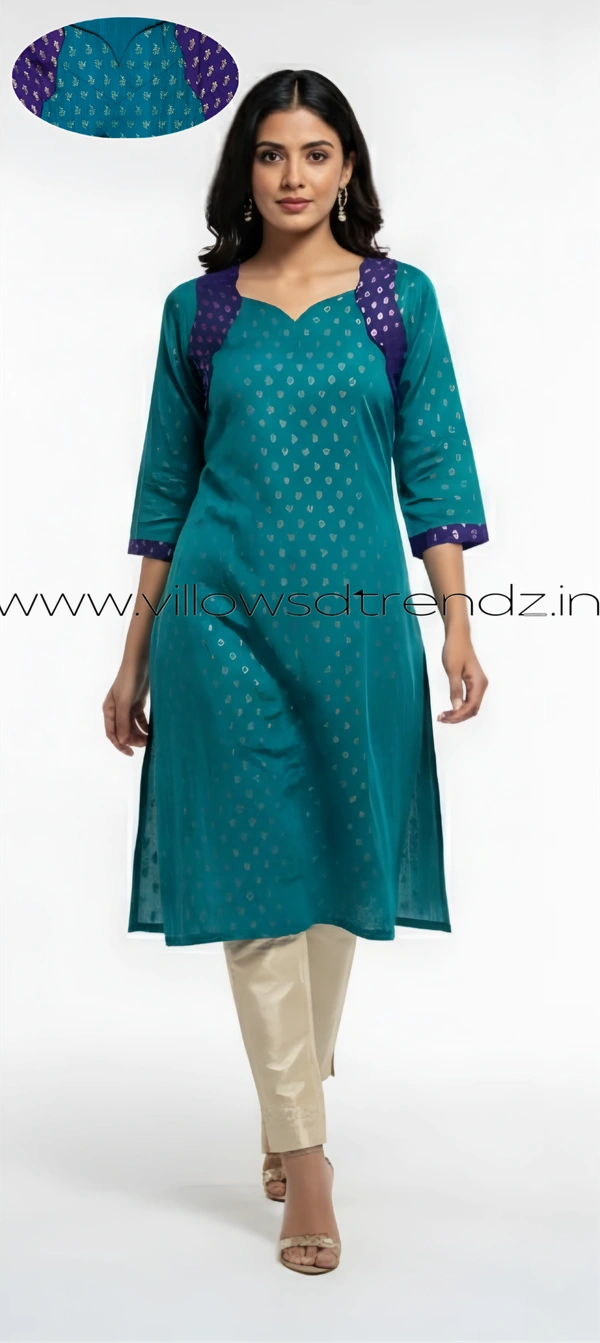 Ruthvi Ethnics Kurti Set With Designer Neck Pattern|Raw Silk Kurti with Pant and khadi Cotton Silk Shawl|Peacock Blue| RS58001 - XL, Peacock Blue