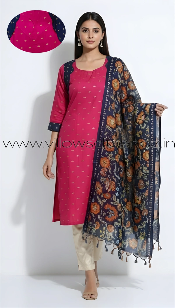 Ruthvi Ethnics Kurti Set With Designer Neck Pattern|Raw Silk Kurti with Pant and khadi Cotton Silk Shawl|Rani Pink| RS580012 - 2XL, Rani Pink