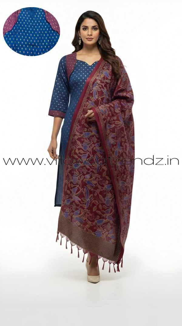 Ruthvi Ethnics Kurti Set With Designer Neck Pattern|Raw Silk Kurti with Pant and khadi Cotton Silk Shawl|Ink Blue | RS58007 - 2XL, Ink Blue