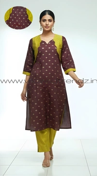 Ruthvi Ethnics Kurti Set With Designer Neck Pattern|Raw Silk Kurti with Pant and khadi Cotton Silk Shawl|Brown| RS58002 - L, Brown