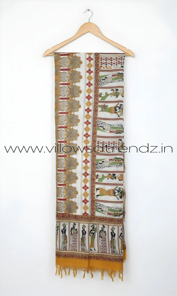 Ruthvi Ethnics Kurti Set With Designer Neck Pattern|Raw Silk Kurti with Pant and khadi Cotton Silk Shawl|Brown| RS58002 - L, Brown