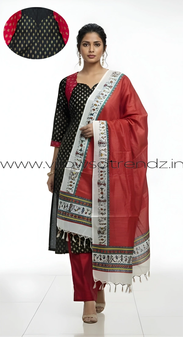 Ruthvi Ethnics Kurti Set With Designer Neck Pattern|Raw Silk Kurti with Pant and khadi Cotton Silk Shawl|Black | RS58004 - XL, Black