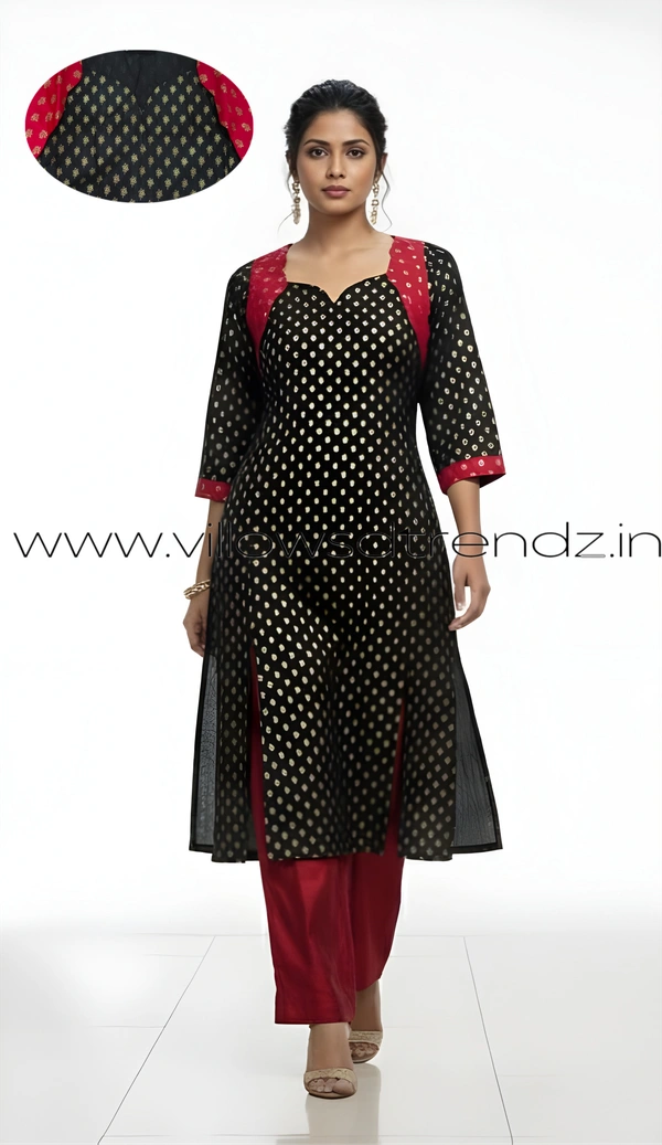 Ruthvi Ethnics Kurti Set With Designer Neck Pattern|Raw Silk Kurti with Pant and khadi Cotton Silk Shawl|Black | RS58004 - XL, Black