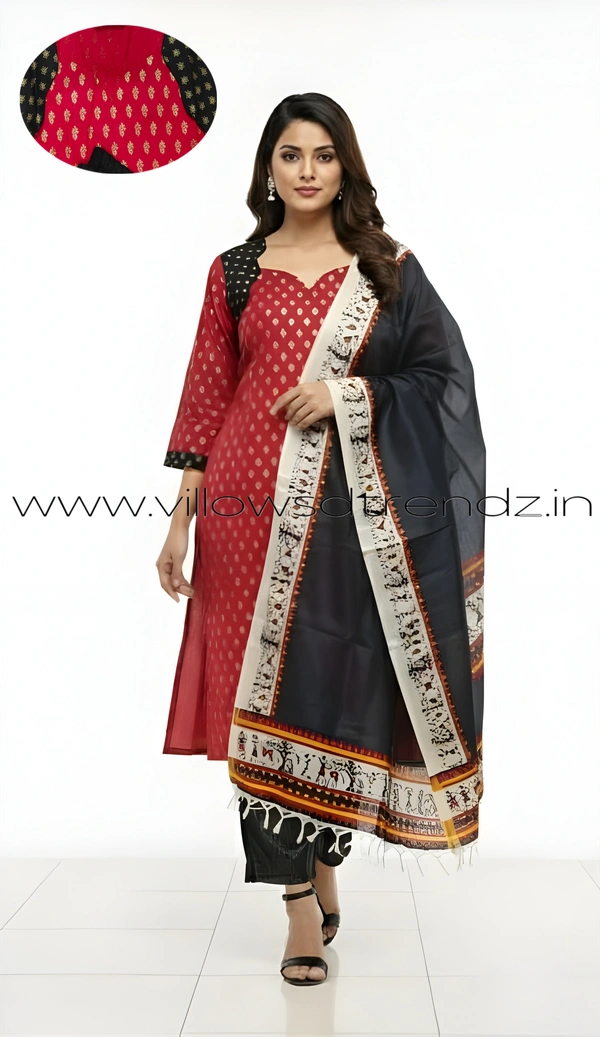 Ruthvi Ethnics Kurti Set With Designer Neck Pattern|Raw Silk Kurti with Pant and khadi Cotton Silk Shawl|Red | RS58006 - M, Red