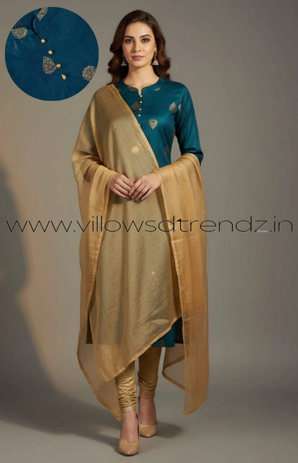 Ruthvi Ethnics Kurti Set With Designer Neck Pattern|Raw Silk Kurti with Pant and Silk Shawl |Teal blue | RS48018 - M, Teal blue, 1, With Shawl