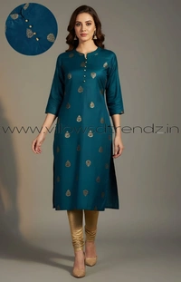 Ruthvi Ethnics Kurti Set With Designer Neck Pattern|Raw Silk Kurti with Pant and Silk Shawl |Teal blue | RS48018 - M, Teal blue, 1, With Shawl
