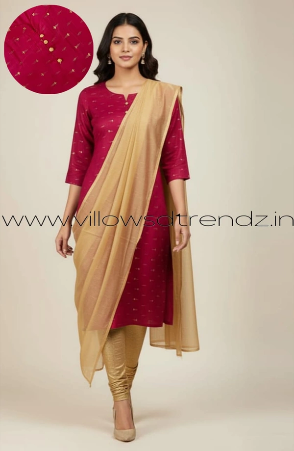 Ruthvi Ethnics Kurti Set With Designer Neck Pattern|Raw Silk Kurti with Pant and Silk Shawl |Rani  Pink | RS48017 - L, Rani pink, 1, With Shawl