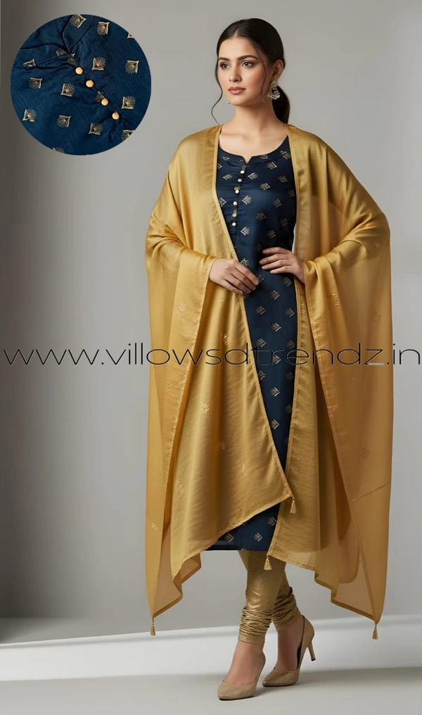 Ruthvi Ethnics Kurti Set With Designer Neck Pattern|Raw Silk Kurti with Pant and Silk Shawl |Ink blue | RS48016 - L, Ink blue, 1, With out Shawl