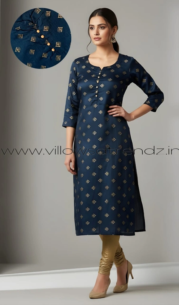 Ruthvi Ethnics Kurti Set With Designer Neck Pattern|Raw Silk Kurti with Pant and Silk Shawl |Ink blue | RS48016 - L, Ink blue, 1, With out Shawl