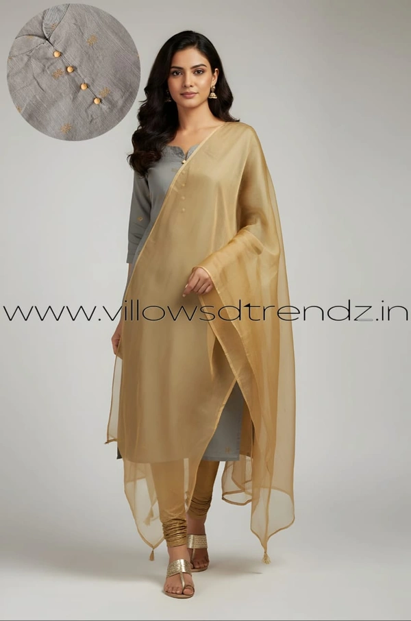 Ruthvi Ethnics Kurti Set With Designer Neck Pattern|Raw Silk Kurti with Pant and Silk Shawl |Lt grey | RS48014 - L, Lt grey, 1, With out Shawl