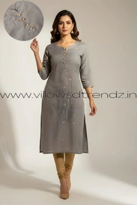 Ruthvi Ethnics Kurti Set With Designer Neck Pattern|Raw Silk Kurti with Pant and Silk Shawl |Lt grey | RS48014 - L, Lt grey, 1, With out Shawl