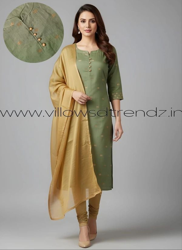 Ruthvi Ethnics Kurti Set With Designer Neck Pattern|Raw Silk Kurti with Pant and Silk Shawl |Light green | RS48011 - 2XL, Light green, 1, With Shawl
