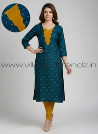Ruthvi Ethnics Kurti Set With Designer Neck Pattern|Raw Silk Kurti with Pant and Silk Shawl |Rama blue | RS48013 - 2XL, Rama blue, 1, With Shawl