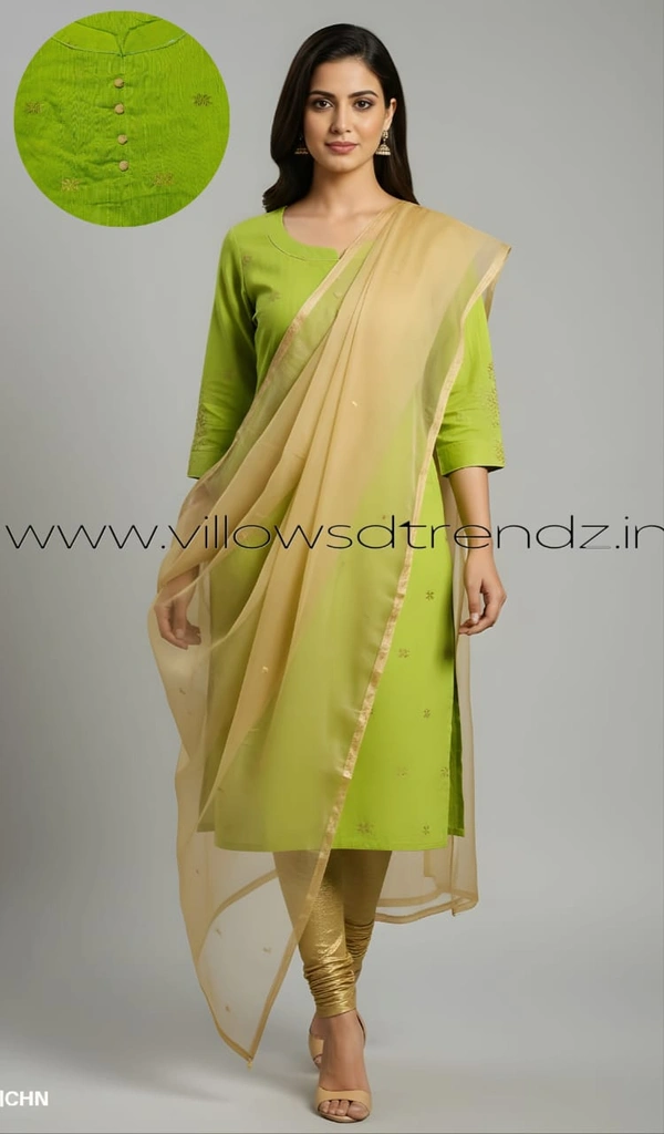 Ruthvi Ethnics Kurti Set With Designer Neck Pattern|Raw Silk Kurti with Pant and Silk Shawl |Green| RS48019 - L, Green, 1, With Shawl