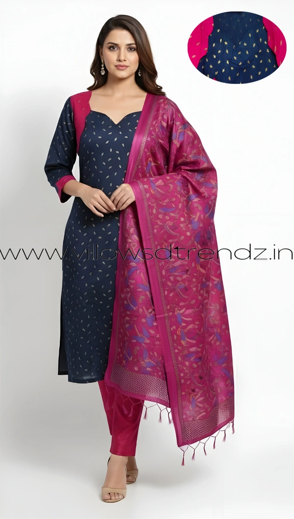 Ruthvi Ethnics Kurti Set With Designer Neck Pattern|Raw Silk Kurti with Pant and khadi Cotton Silk Shawl|Navy blue | RS580013 - L, Navy blue