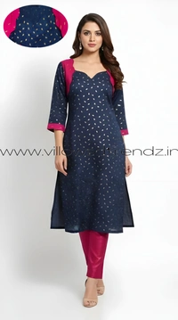 Ruthvi Ethnics Kurti Set With Designer Neck Pattern|Raw Silk Kurti with Pant and khadi Cotton Silk Shawl|Navy blue | RS580013 - L, Navy blue