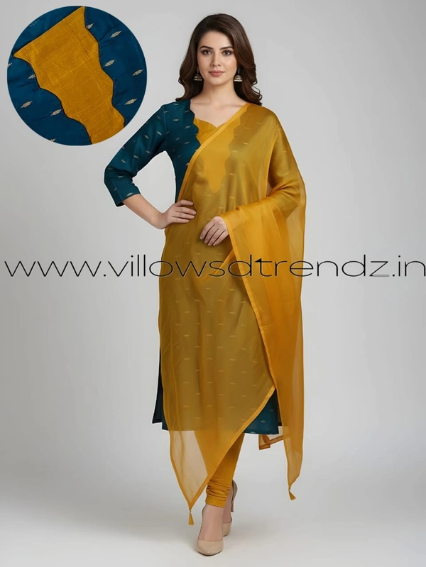 Ruthvi Ethnics Kurti Set With Designer Neck Pattern|Raw Silk Kurti with Pant  |Rama blue | RS48013 - XL, Rama blue, 1, With out Shawl