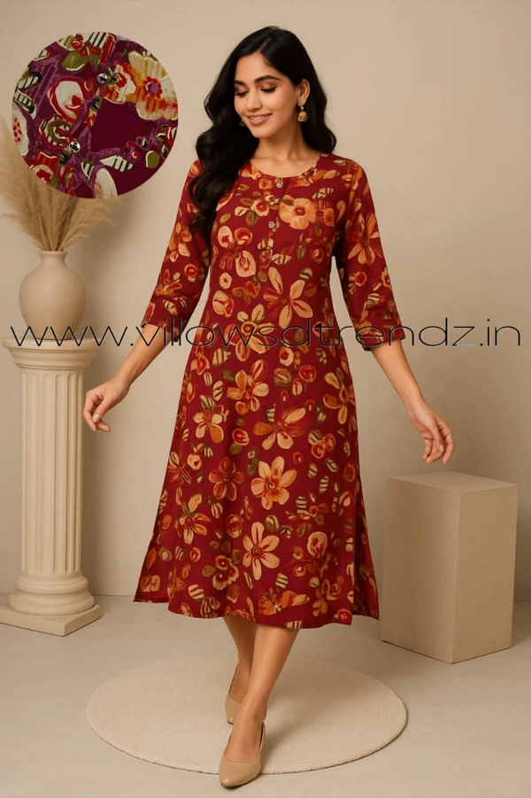 Twill Blue Kurti with Side Slit ON23008 - Maroon, 2XL