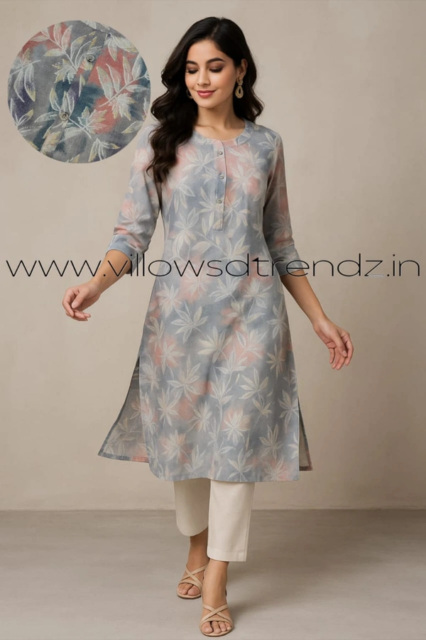 Twill Blue Kurti with Side Slit ON23009 - Ash, S