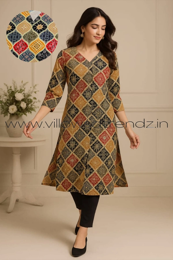 Twill Blue Kurti with Side Slit ON23013 - Multi Colour, L