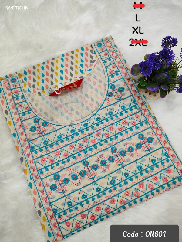 Twill Blue Kurti with Side Slit ON601 - Multi, XL