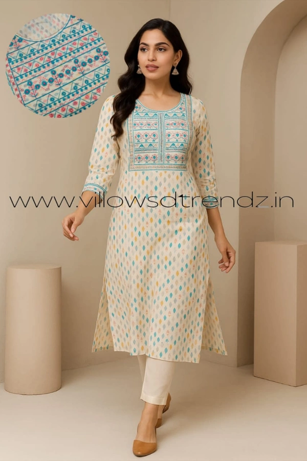 Twill Blue Kurti with Side Slit ON601 - Multi, XL