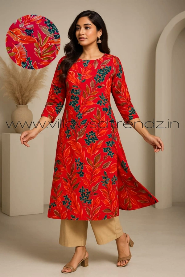 Twill Blue Kurti with Side Slit ON606 - Red, XL