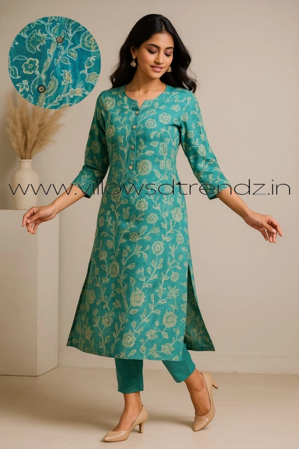 Twill Blue Kurti with Side Slit ON612 - Green, XL