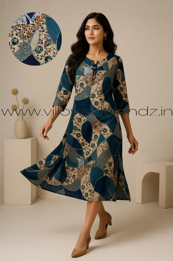 Twill Blue Kurti with Side Slit ON614 - Multi Colour, 2XL