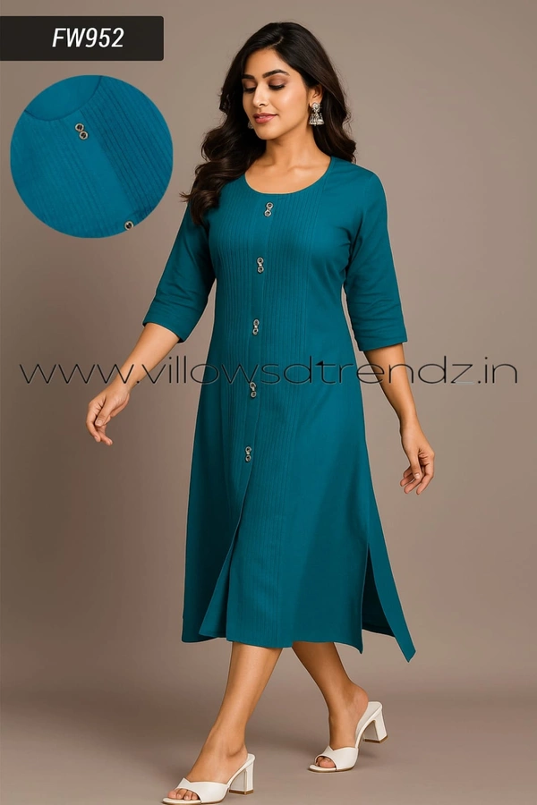 Hanshita Linen Zari Kurti FW952 - Peacock Blue, M