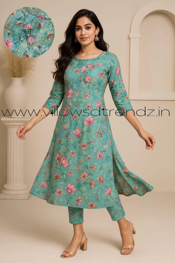 Hanshita Linen Zari Kurti HLZ1252 - Green, M