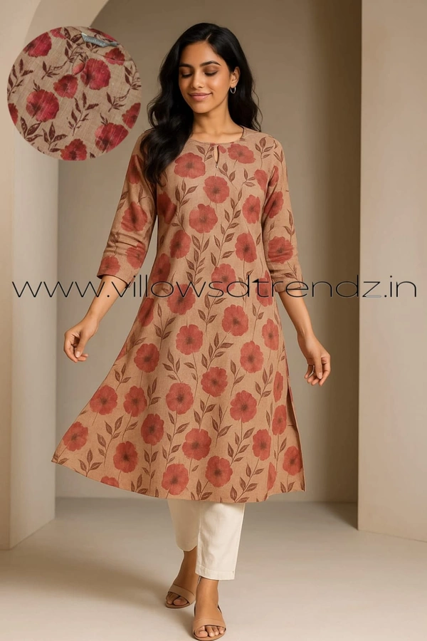 Hanshita Linen Zari Kurti HLZ1257 - Brown, L